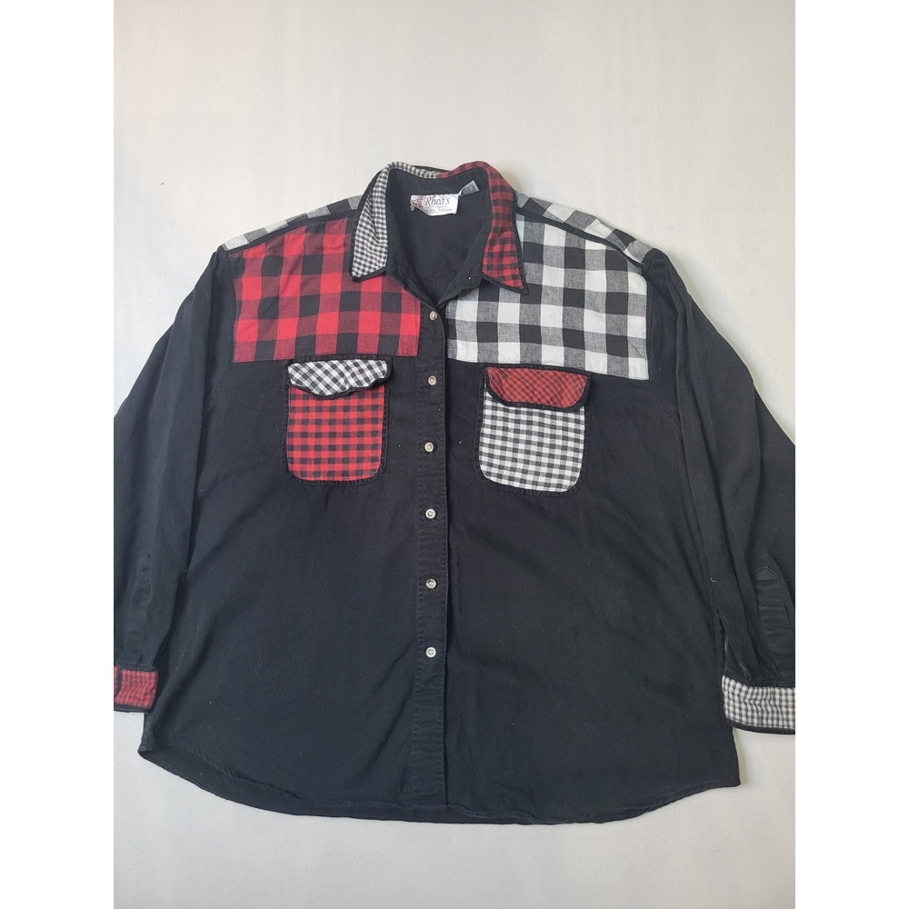 Rhea's Fun Fashions Womens 2X Black Patchwork Plaid Button Down Shirt  2604